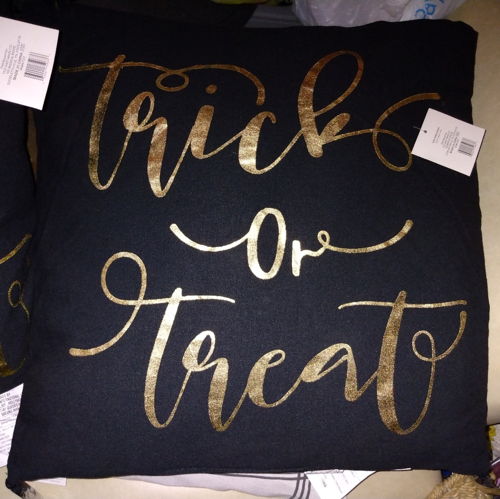 "Trick or Treat" Black/Gold Pillow with Tassels- Large
